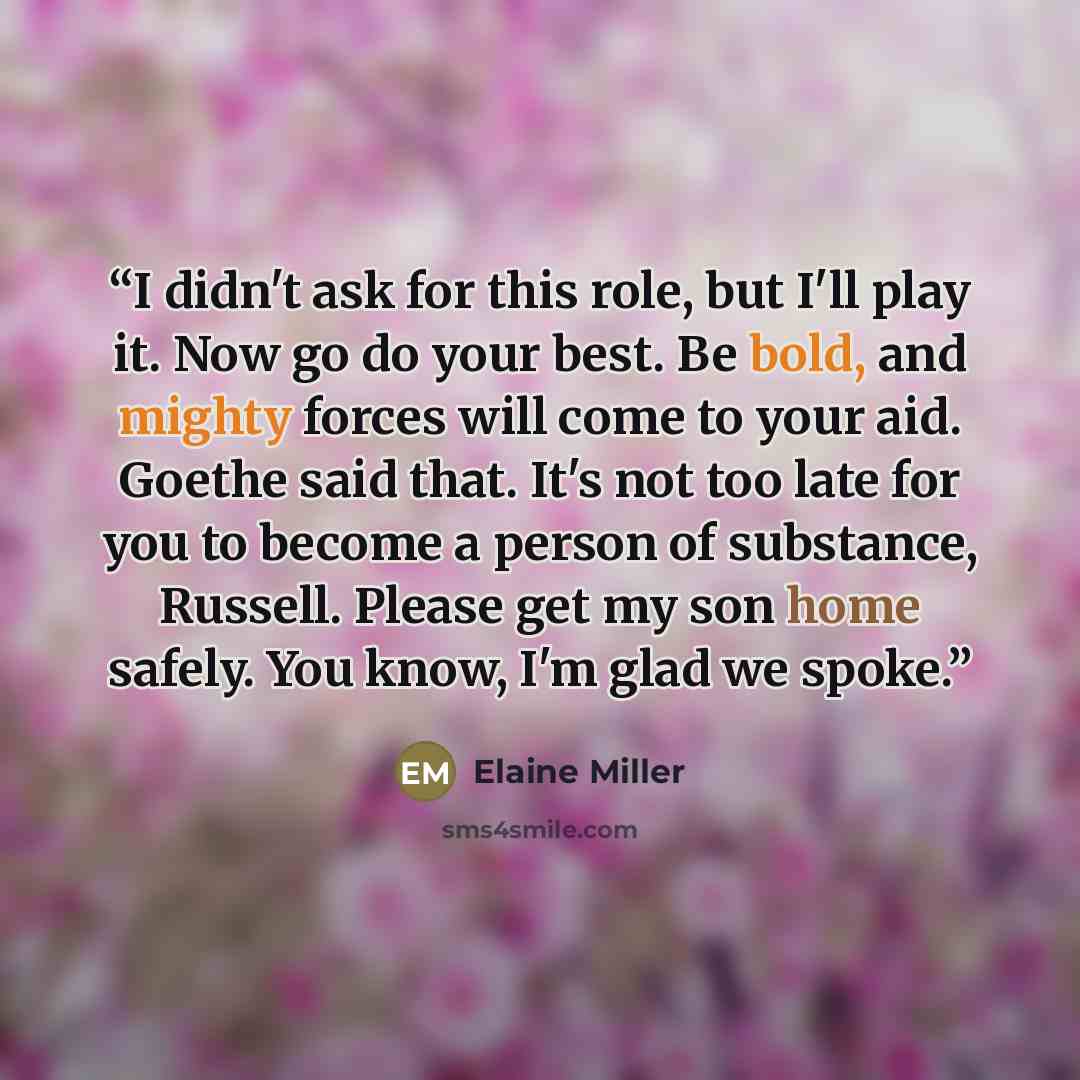 “I didn't ask for this role, but I'll play it. Now go do your best. Be bold, and mighty forces will come to your aid. Goethe said that. It's not too late for you to become a person of substance, Russell. Please get my son home safely. You know, I'm glad we spoke.” quote by Elaine Miller