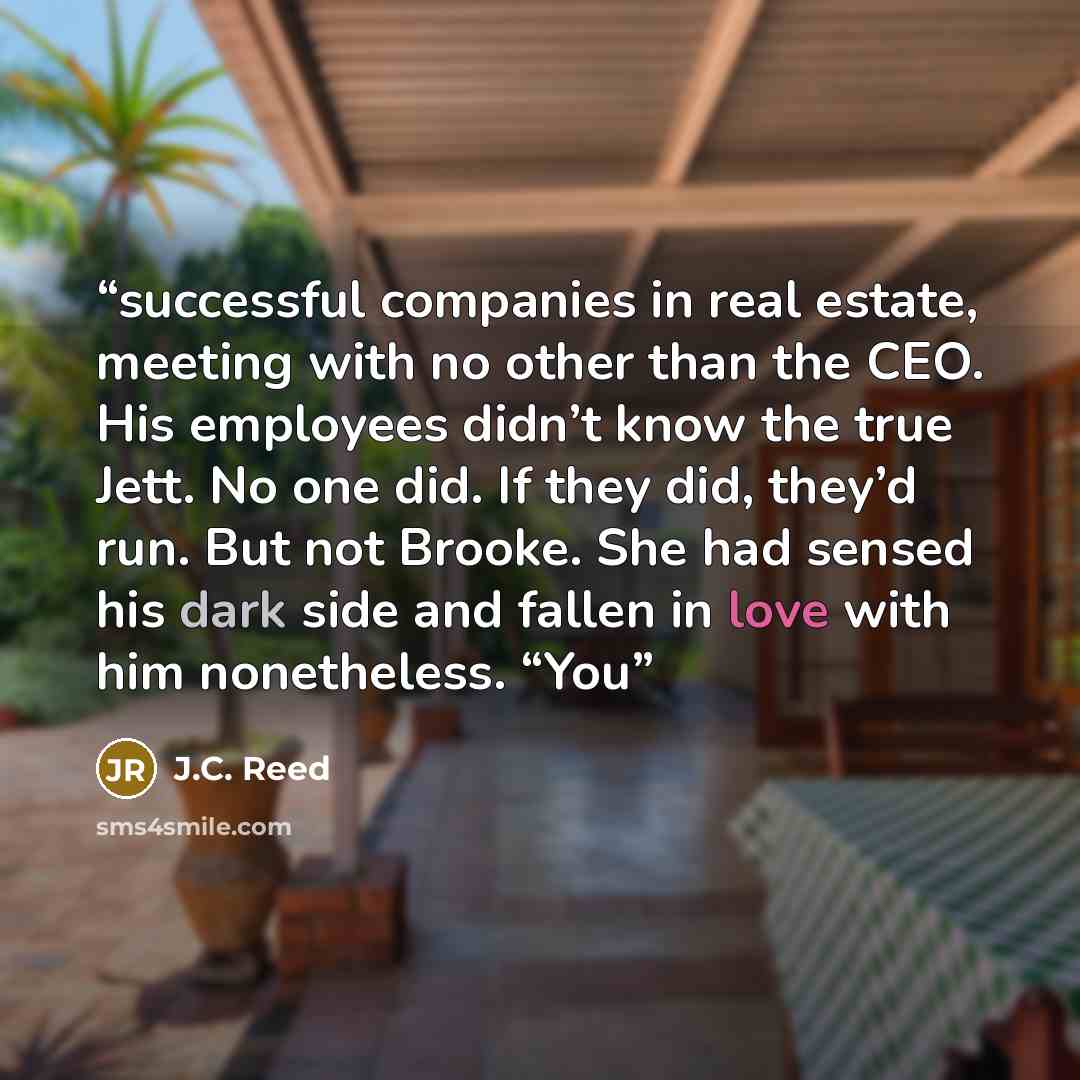“successful companies in real estate, meeting with no other than the CEO. His employees didn’t know the true Jett. No one did. If they did, they’d run. But not Brooke. She had sensed his dark side and fallen in love with him nonetheless. “You” quote by J.C. Reed