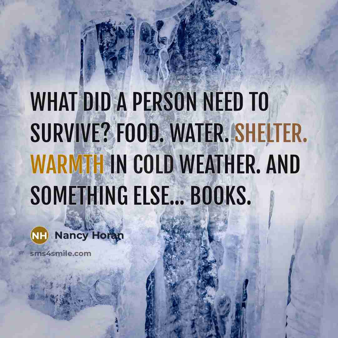 “What did a person need to survive? Food. Water. Shelter.…” quote by Nancy Horan