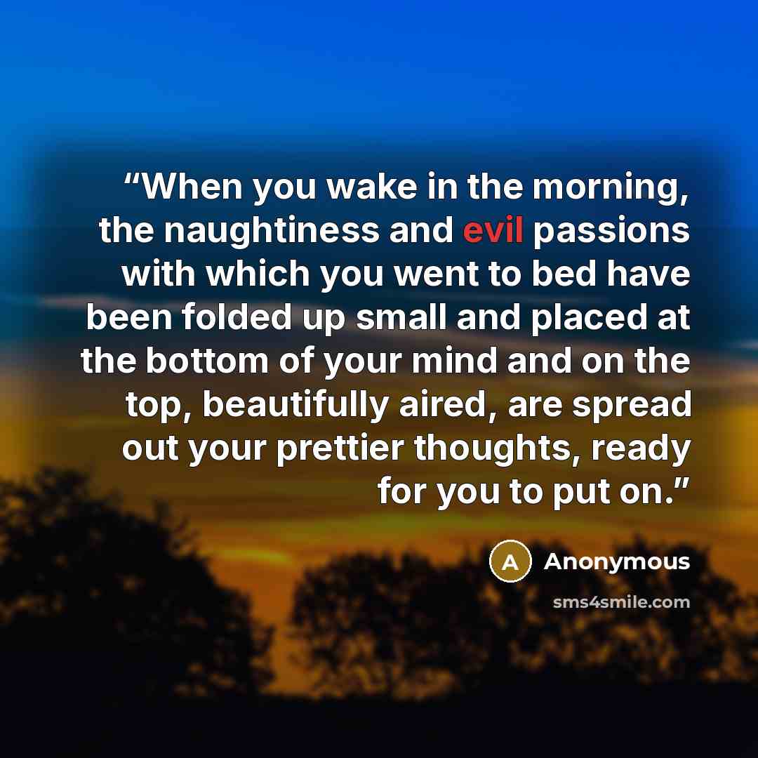“When you wake in the morning, the naughtiness and evil passions with which you went to bed have been folded up small and placed at the bottom of your mind and on the top, beautifully aired, are spread out your prettier thoughts, ready for you to put on.” quote by Anonymous