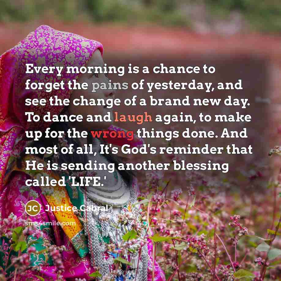 “Every morning is a chance to forget the pains of…” quote by Justice Cabral