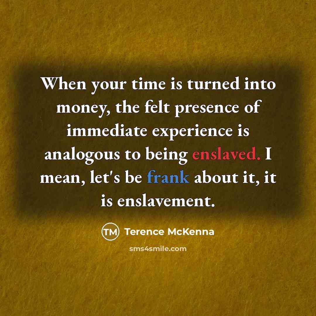 “When your time is turned into money, the felt presence of immediate experience is analogous to being enslaved. I mean, let's be frank about it, it is enslavement.” quote by Terence McKenna