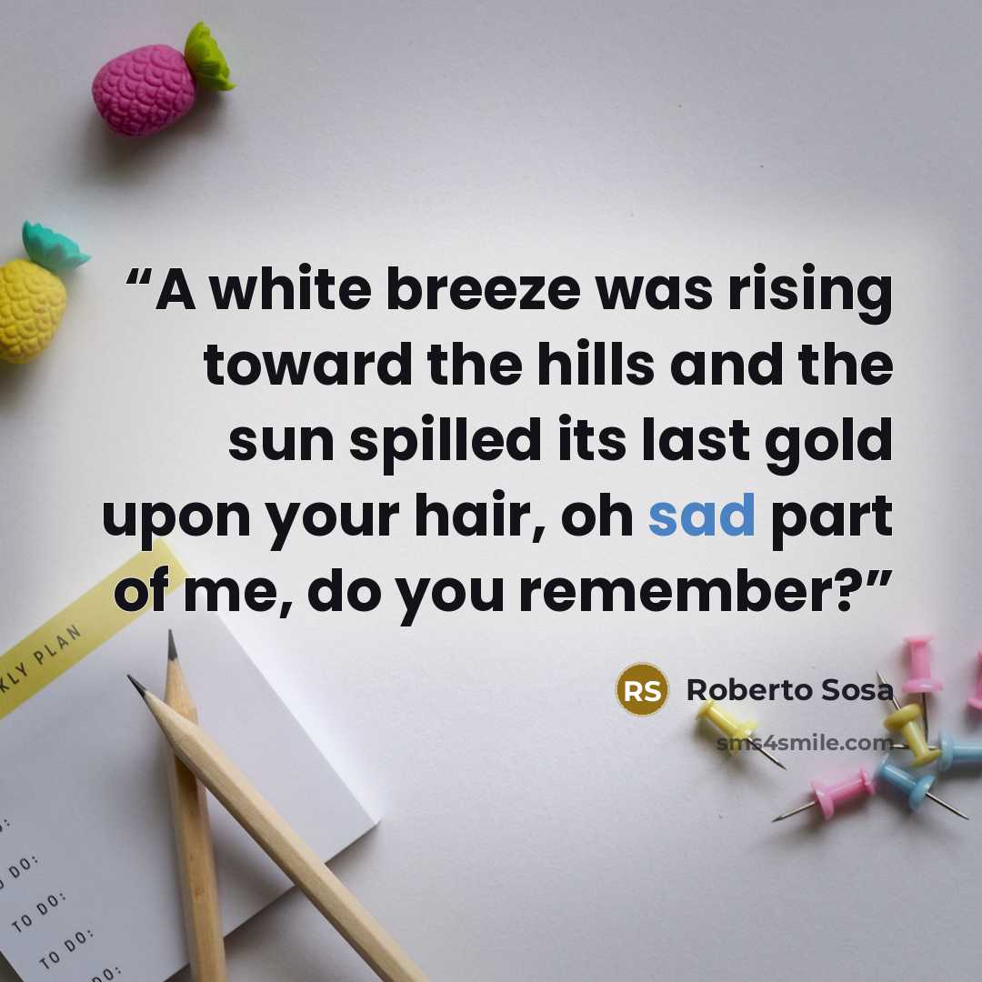 “A white breeze was rising toward the hills and the sun spilled its last gold upon your hair, oh sad part of me, do you remember?” quote by Roberto Sosa