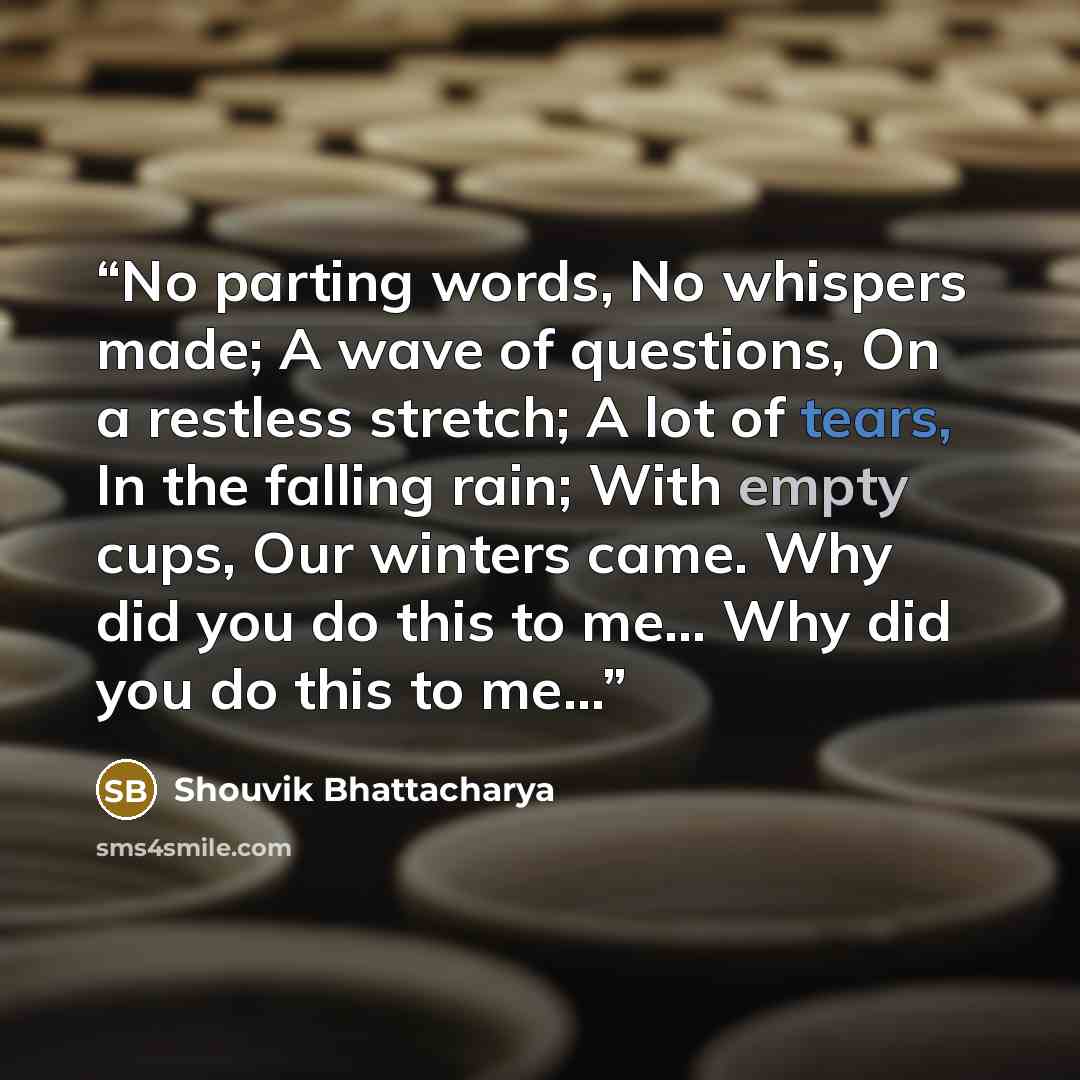 “No parting words, No whispers made; A wave of questions, On a restless stretch; A lot of tears, In the falling rain; With empty cups, Our winters came. Why did you do this to me… Why did you do this to me…” quote by Shouvik Bhattacharya