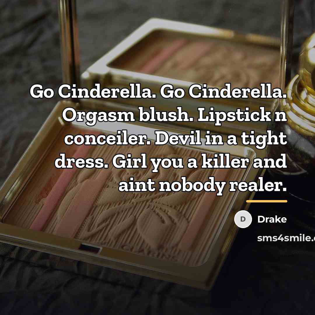 “Go Cinderella. Go Cinderella. Orgasm blush. Lipstick n conceiler. Devil…” quote by Drake