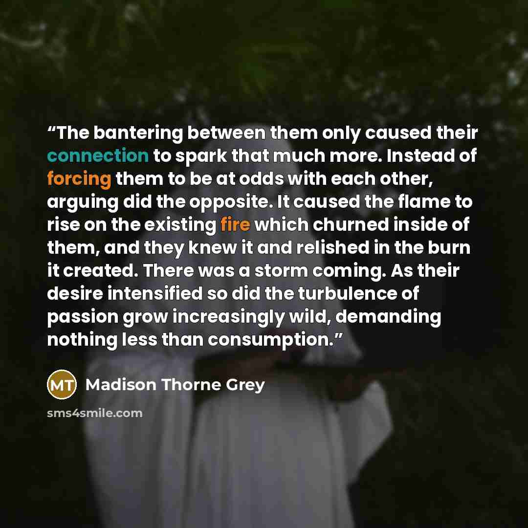 “The bantering between them only caused their connection to spark that much more. Instead of forcing them to be at odds with each other, arguing did the opposite. It caused the flame to rise on the existing fire which churned inside of them, and they knew it and relished in the burn it created…” quote by Madison Thorne Grey