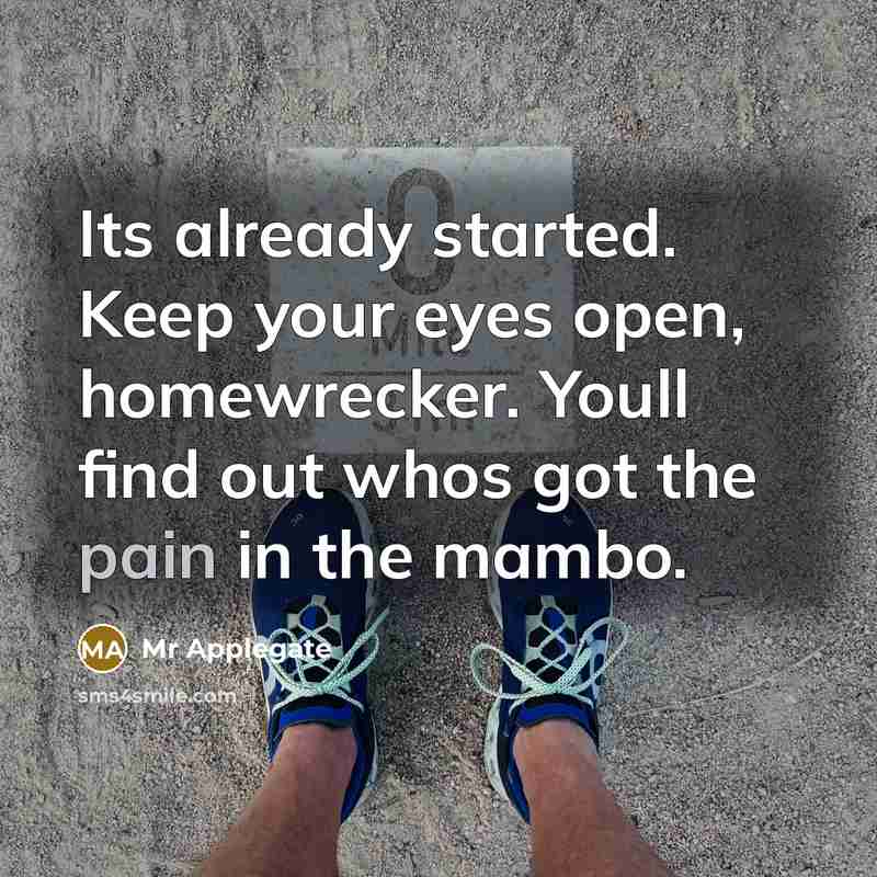 “Its already started. Keep your eyes open, homewrecker. Youll find out whos got the pain in the mambo.” quote by Mr Applegate