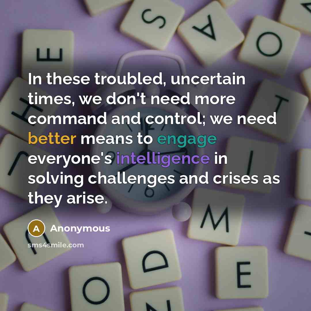 “In these troubled, uncertain times, we don't need more command and control; we need better means to engage everyone's intelligence in solving challenges and crises as they arise.” quote by Anonymous
