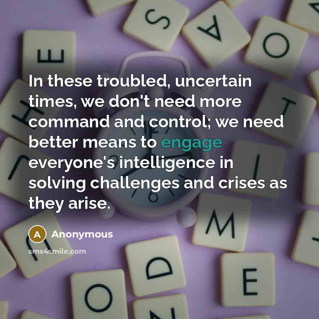 “In these troubled, uncertain times, we don't need more command and control; we need better means to engage everyone's intelligence in solving challenges and crises as they arise.” quote by Anonymous