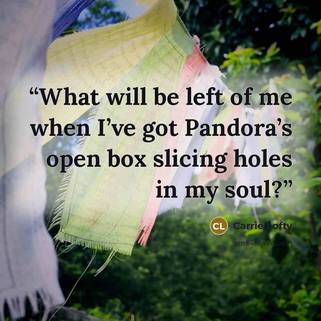 “What will be left of me when I’ve got Pandora’s open box slicing holes in my soul?” quote by Carrie Lofty