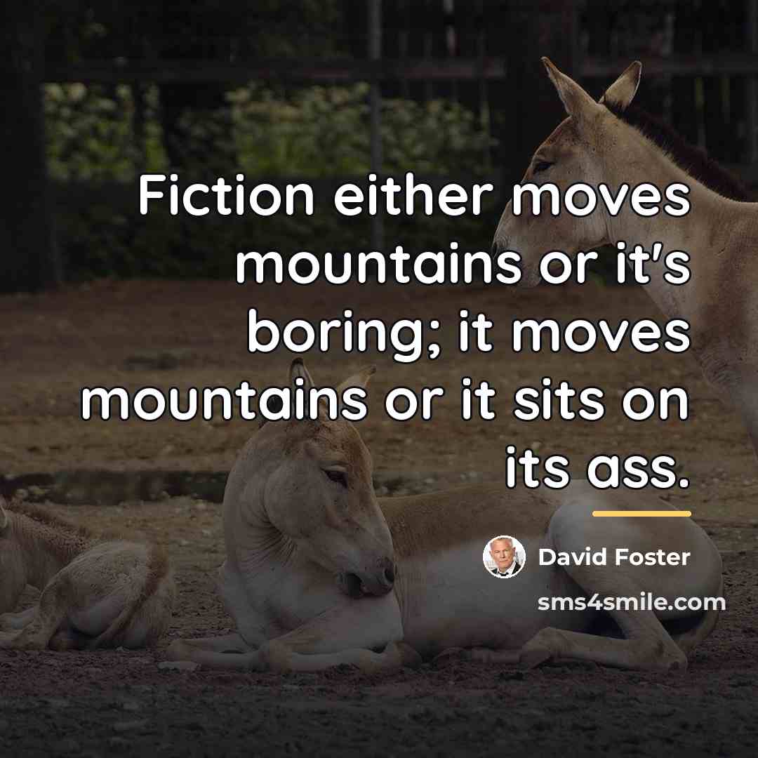 “Fiction either moves mountains or it's boring; it moves mountains…” quote by David Foster