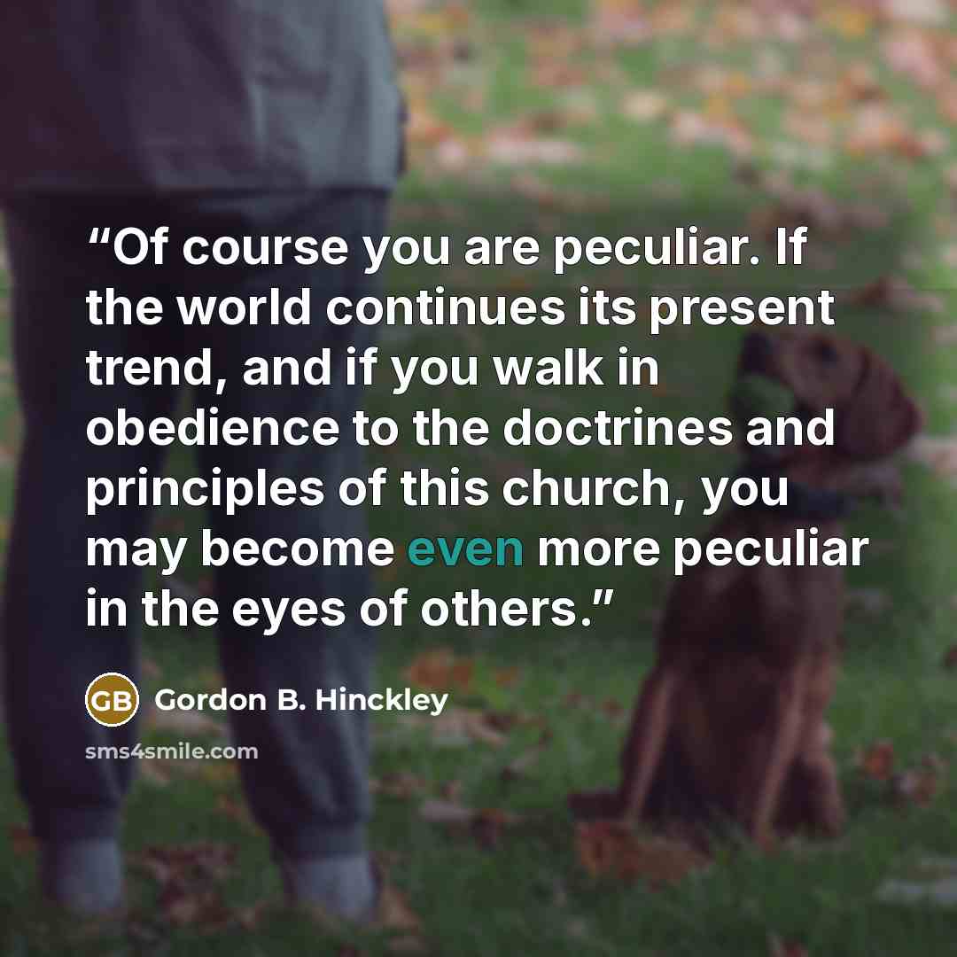 “Of course you are peculiar. If the world continues its present trend, and if you walk in obedience to the doctrines and principles of this church, you may become even more peculiar in the eyes of others.” quote by Gordon B. Hinckley