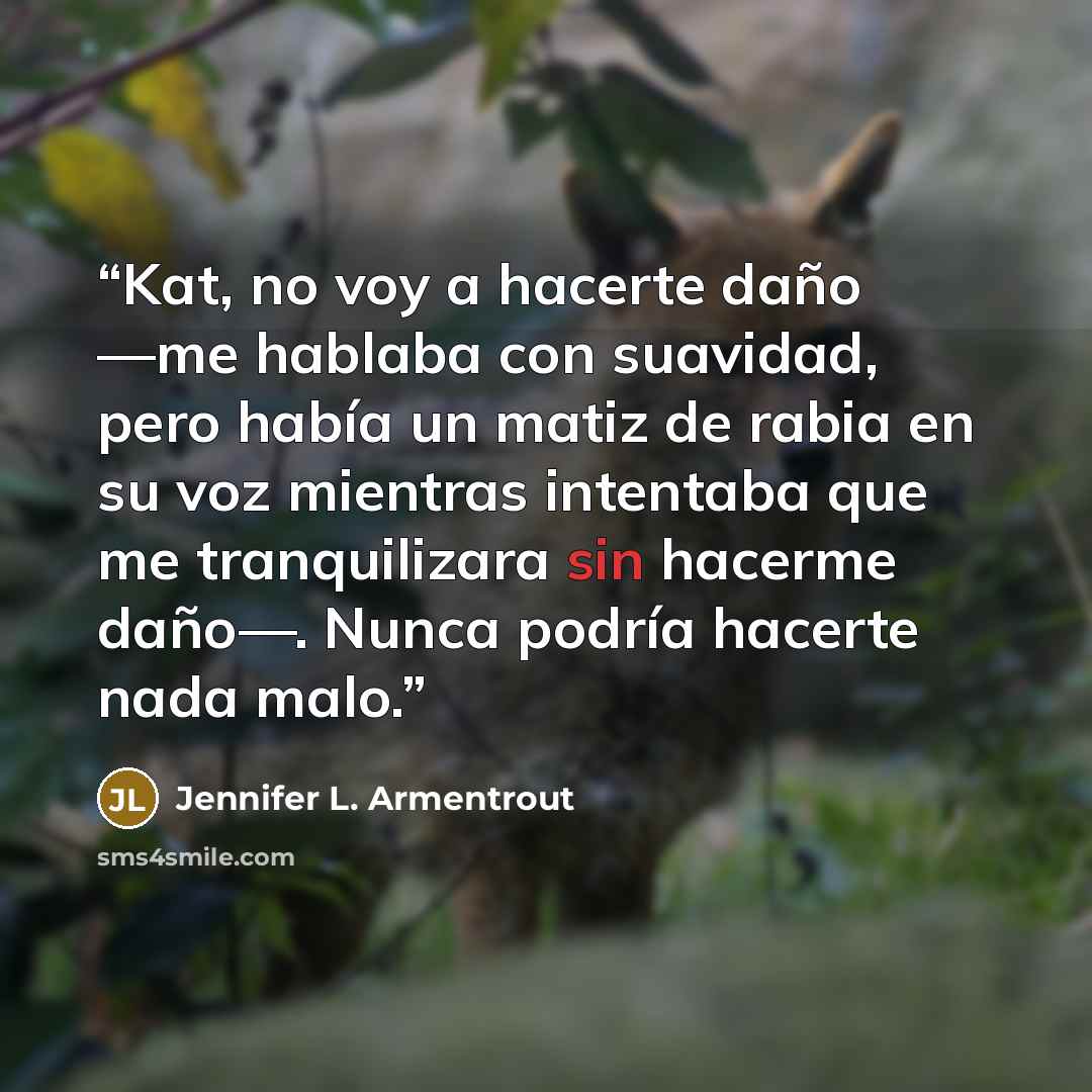 “Kat, no voy a hacerte daño —me hablaba con suavidad, pero había un matiz de rabia en su voz mientras intentaba que me tranquilizara sin hacerme daño—. Nunca podría hacerte nada malo.” quote by Jennifer L. Armentrout