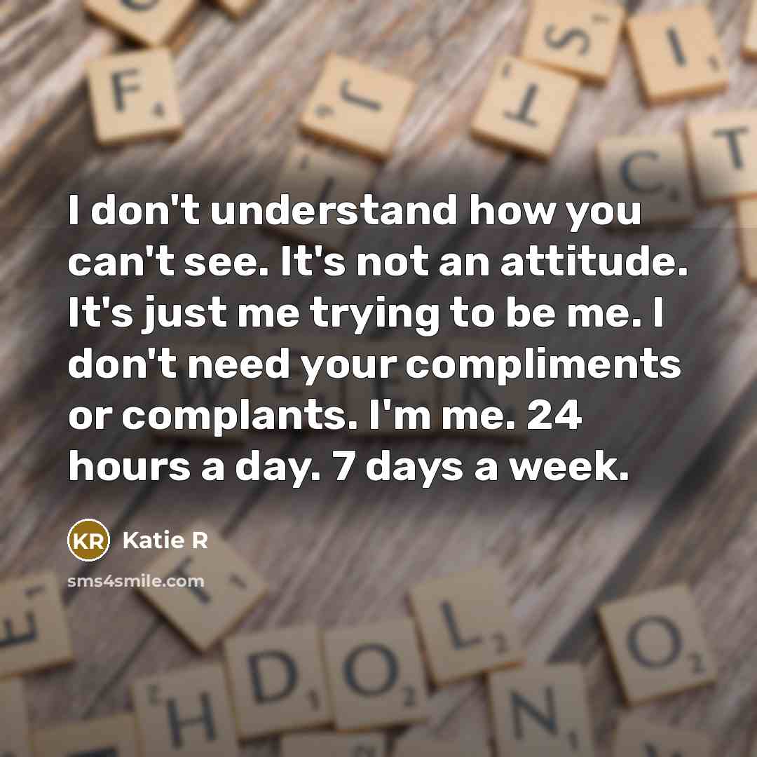“I don't understand how you can't see. It's not an attitude. It's just me trying to be me. I don't need your compliments or complants. I'm me. 24 hours a day. 7 days a week.” quote by Katie R