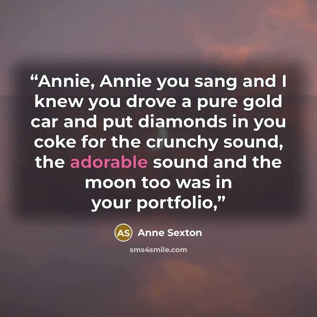 “Annie, Annie you sang and I knew you drove a pure gold car and put diamonds in you coke for the crunchy sound, the adorable sound and the moon too was in your portfolio,” quote by Anne Sexton