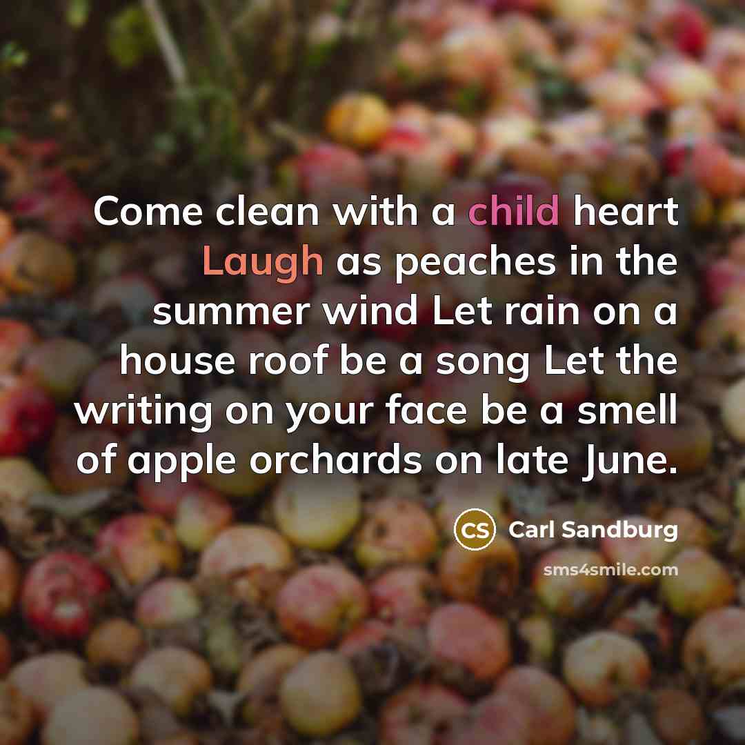 “Come clean with a child heart Laugh as peaches in…” quote by Carl Sandburg