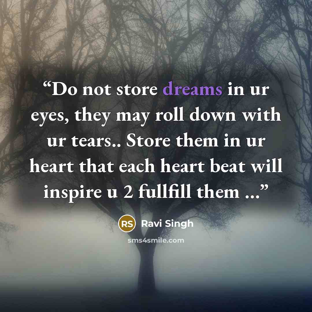 “Do not store dreams in ur eyes, they may roll down with ur tears.. Store them in ur heart that each heart beat will inspire u 2 fullfill them …” quote by Ravi Singh