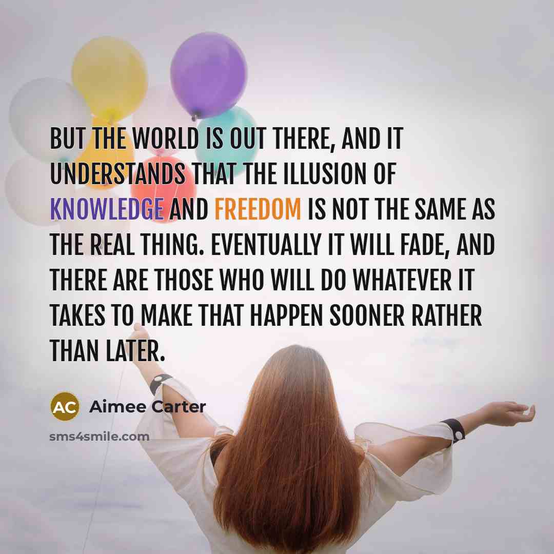 “But the world is out there, and it understands that the illusion of knowledge and freedom is not the same as the real thing. Eventually it will fade, and there are those who will do whatever it takes to make that happen sooner rather than later.” quote by Aimee Carter