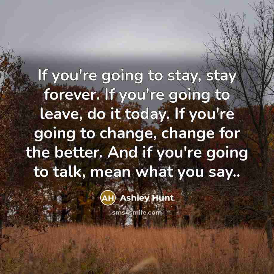 “If you're going to stay, stay forever. If you're going to leave, do it today. If you're going to change, change for the better. And if you're going to talk, mean what you say..” quote by Ashley Hunt
