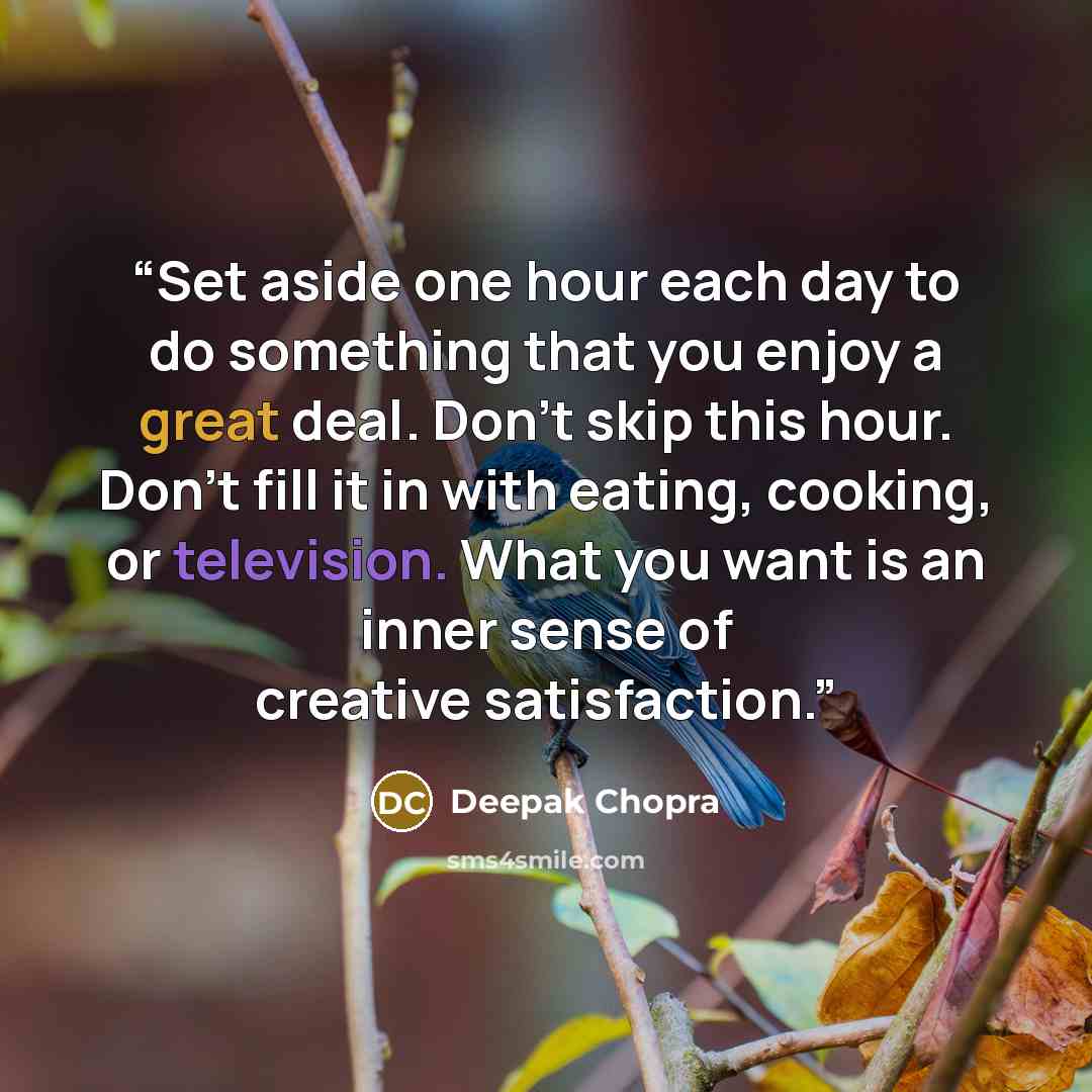“Set aside one hour each day to do something that you enjoy a great deal. Don't skip this hour. Don't fill it in with eating, cooking, or television. What you want is an inner sense of creative satisfaction.” quote by Deepak Chopra