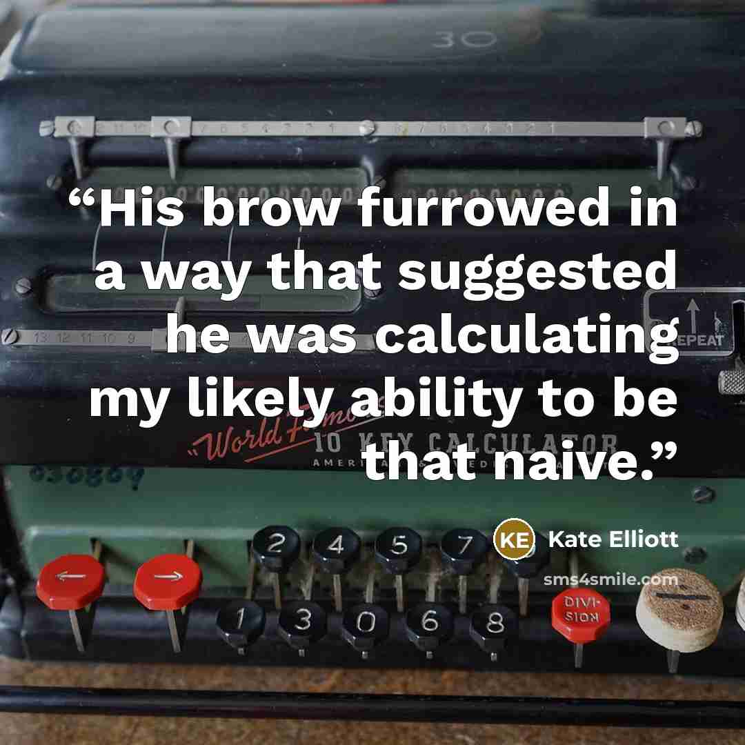 “His brow furrowed in a way that suggested he was calculating my likely ability to be that naive.” quote by Kate Elliott