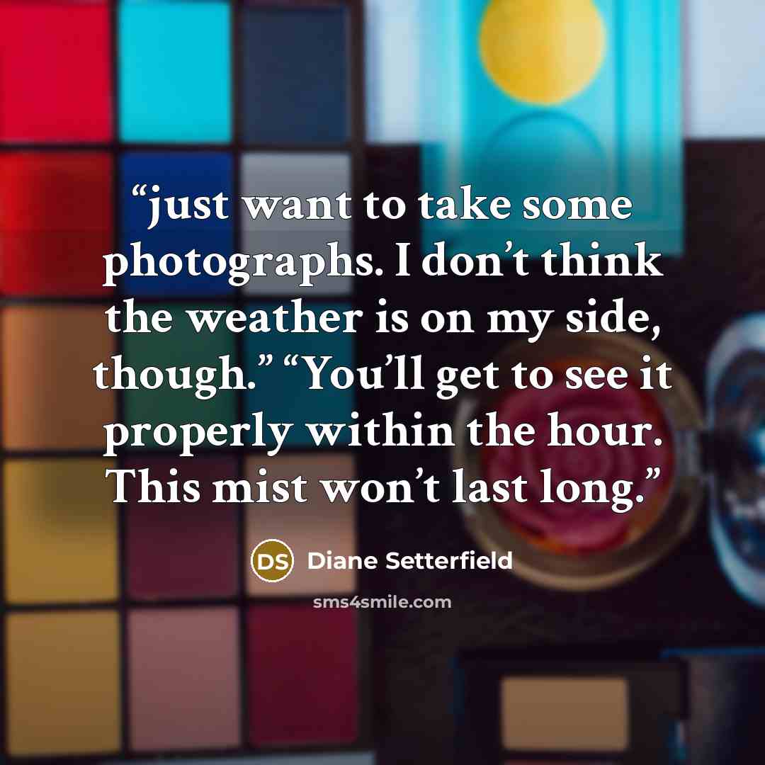 “just want to take some photographs. I don’t think the weather is on my side, though.” “You’ll get to see it properly within the hour. This mist won’t last long.” quote by Diane Setterfield