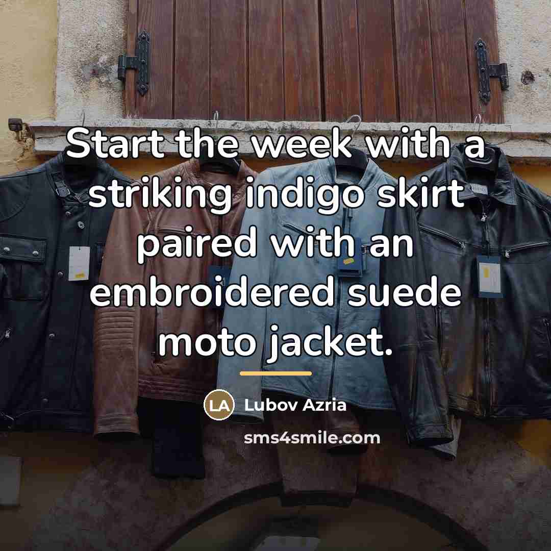 “Start the week with a striking indigo skirt paired with…” quote by Lubov Azria