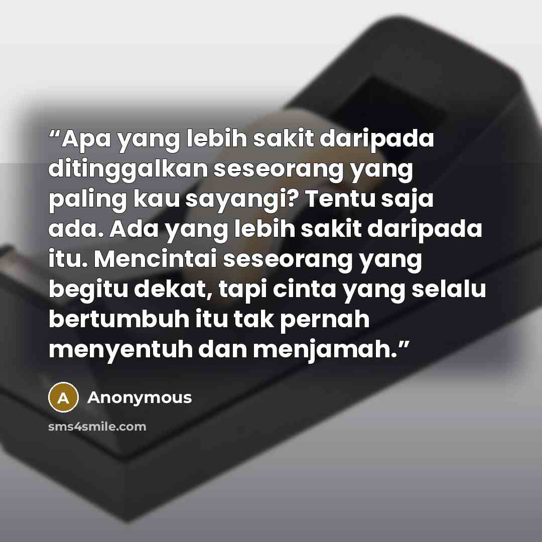 “Apa yang lebih sakit daripada ditinggalkan seseorang yang paling kau sayangi? Tentu saja ada. Ada yang lebih sakit daripada itu. Mencintai seseorang yang begitu dekat, tapi cinta yang selalu bertumbuh itu tak pernah menyentuh dan menjamah.” quote by Anonymous
