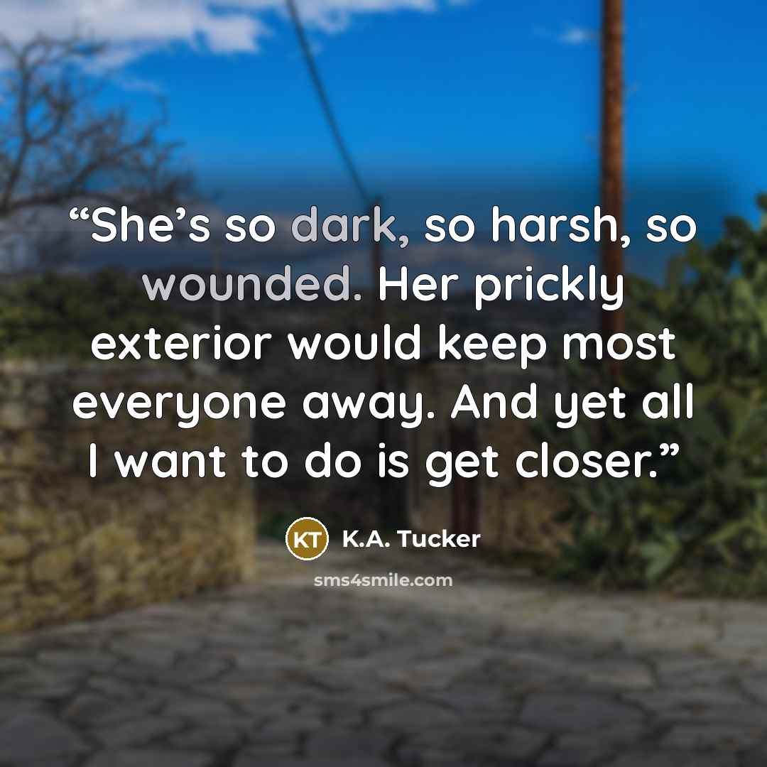 “She’s so dark, so harsh, so wounded. Her prickly exterior would keep most everyone away. And yet all I want to do is get closer.” quote by K.A. Tucker