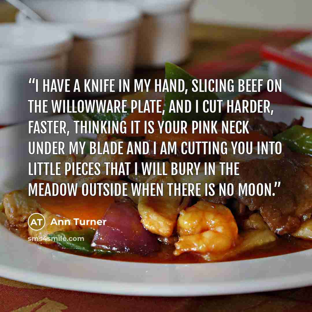 “I have a knife in my hand, slicing beef on the willowware plate, and I cut harder, faster, thinking it is your pink neck under my blade and I am cutting you into little pieces that I will bury in the meadow outside when there is no moon.” quote by Ann Turner