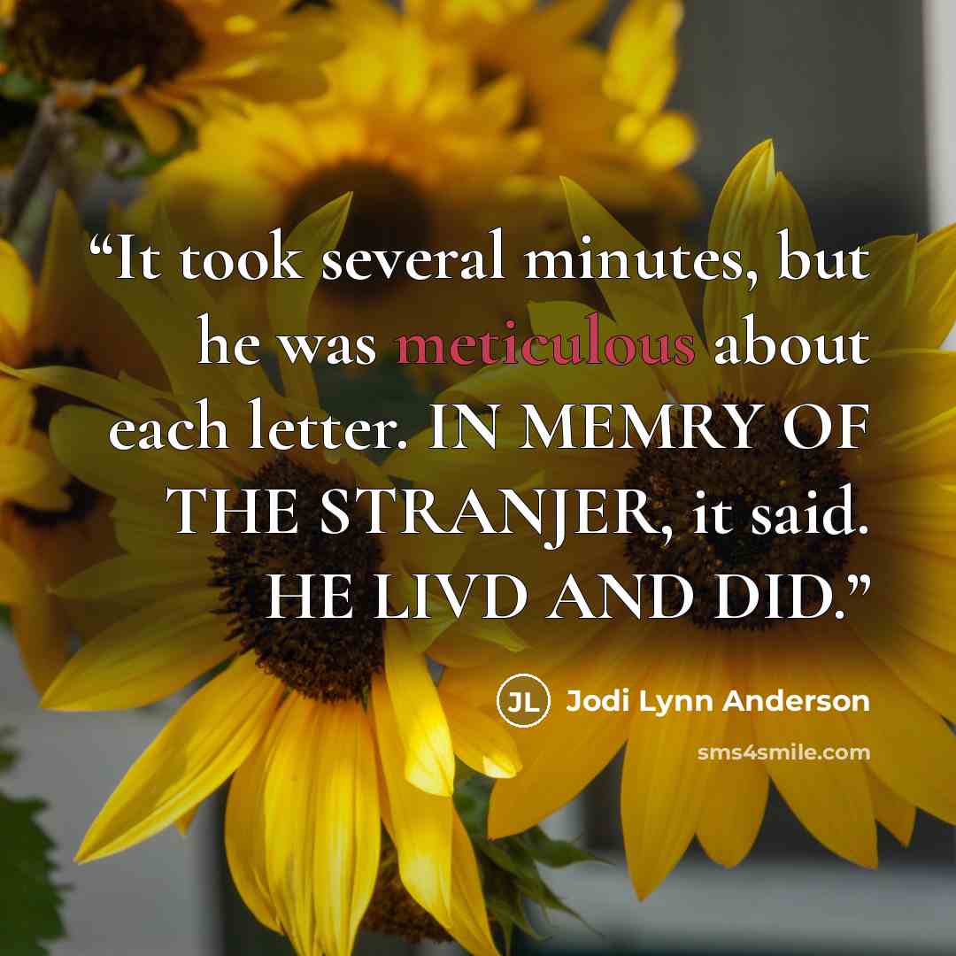 “It took several minutes, but he was meticulous about each letter. IN MEMRY OF THE STRANJER, it said. HE LIVD AND DID.” quote by Jodi Lynn Anderson