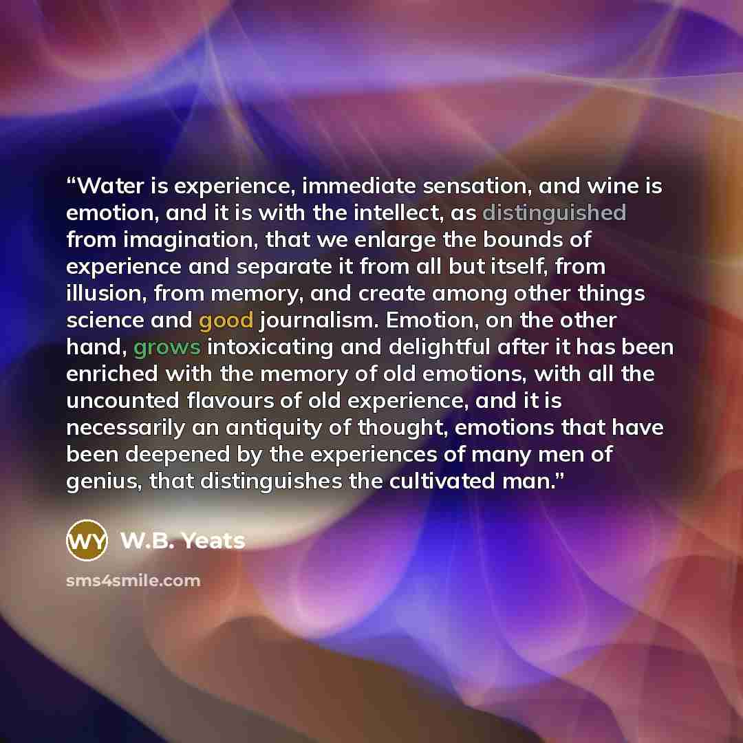 “Water is experience, immediate sensation, and wine is emotion, and it is with the intellect, as distinguished from imagination, that we enlarge the bounds of experience and separate it from all but itself, from illusion, from memory, and create among other things science and good journalism…” quote by W.B. Yeats