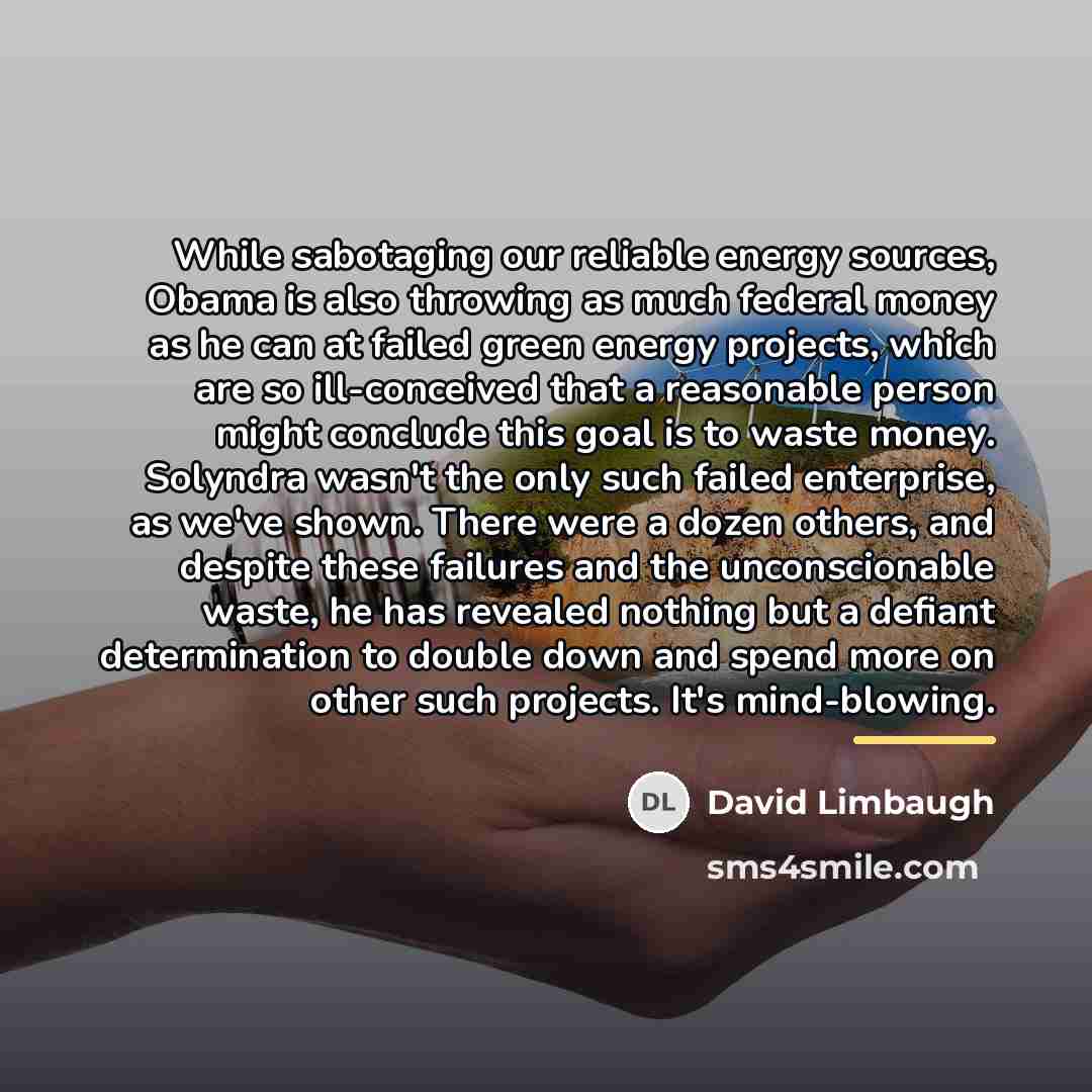“While sabotaging our reliable energy sources, Obama is also throwing…” quote by David Limbaugh