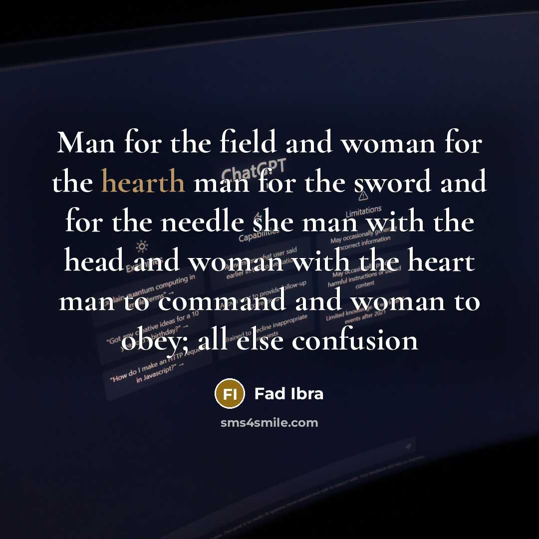 “Man for the field and woman for the hearth man for the sword and for the needle she man with the head and woman with the heart man to command and woman to obey; all else confusion” quote by Fad Ibra