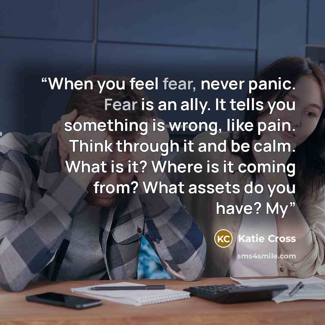 “When you feel fear, never panic. Fear is an ally. It tells you something is wrong, like pain. Think through it and be calm. What is it? Where is it coming from? What assets do you have? My” quote by Katie Cross