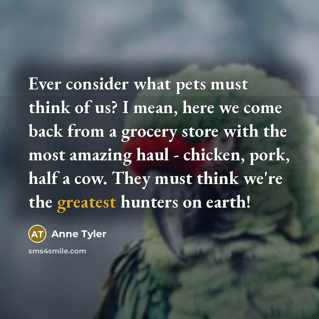 “Ever consider what pets must think of us? I mean, here we come back from a grocery store with the most amazing haul - chicken, pork, half a cow. They must think we're the greatest hunters on earth!” quote by Anne Tyler