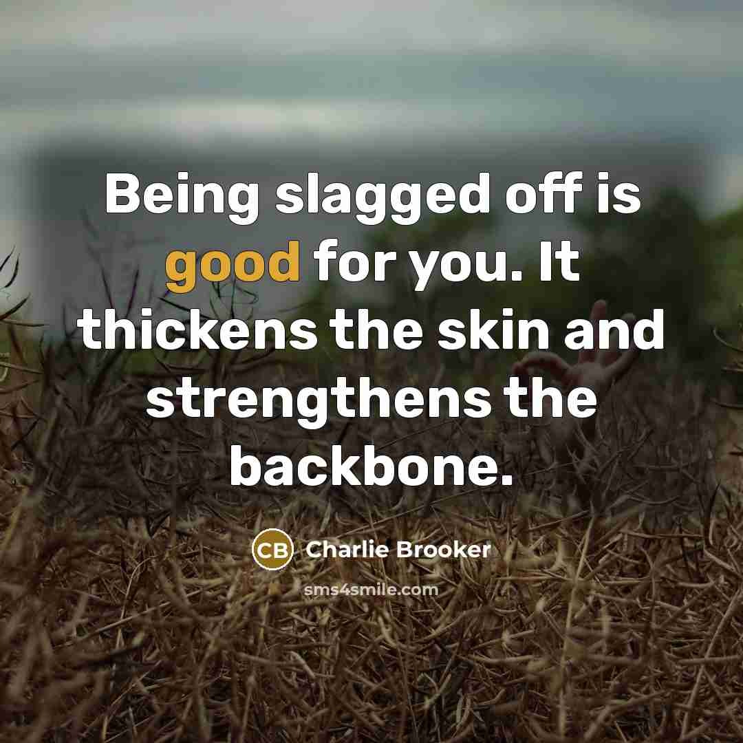 “Being slagged off is good for you. It thickens the…” quote by Charlie Brooker
