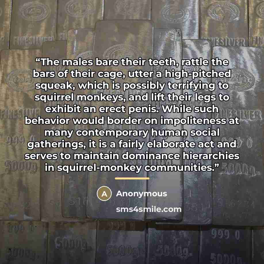 “The males bare their teeth, rattle the bars of their cage, utter a high-pitched squeak, which is possibly terrifying to squirrel monkeys, and lift their legs to exhibit an erect penis. While such behavior would border on impoliteness at many contemporary human social gatherings, it is a fairly…” quote by Anonymous