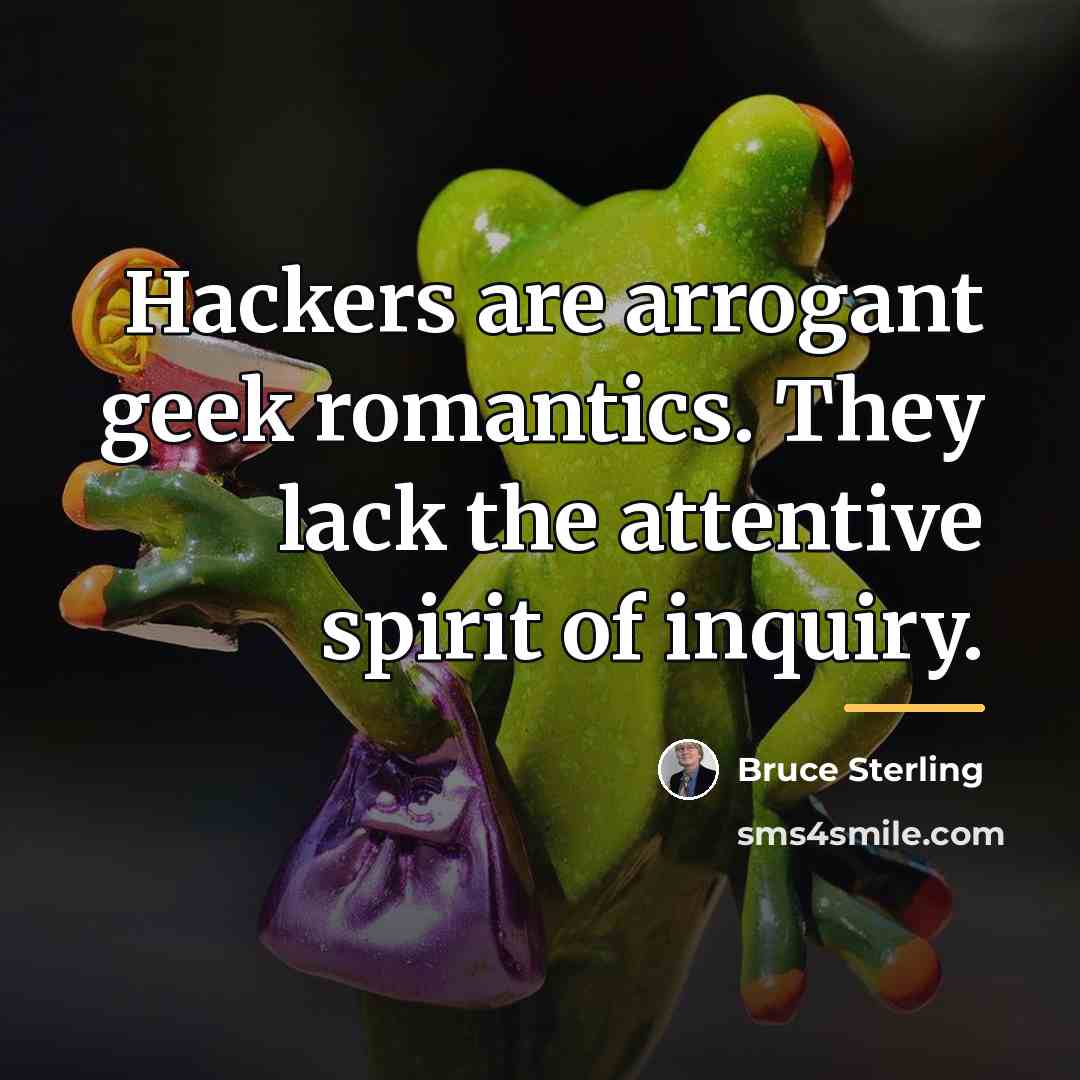 “Hackers are arrogant geek romantics. They lack the attentive spirit…” quote by Bruce Sterling