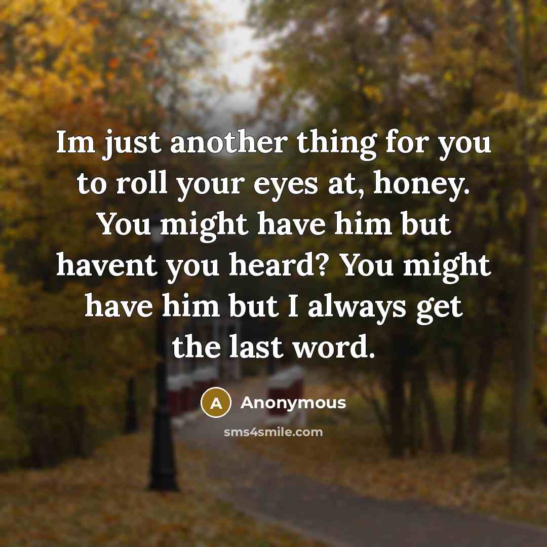 “Im just another thing for you to roll your eyes at, honey. You might have him but havent you heard? You might have him but I always get the last word.” quote by Anonymous
