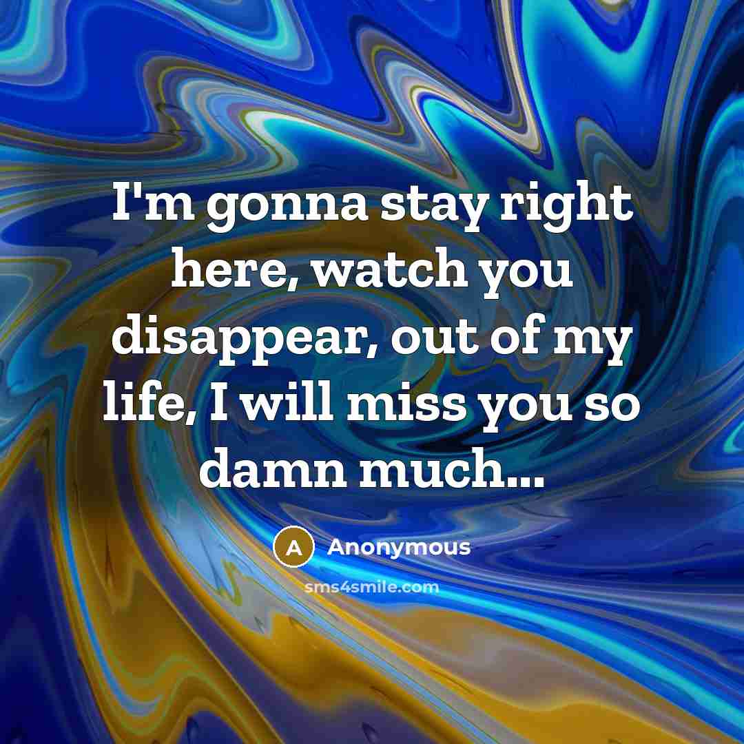 “I'm gonna stay right here, watch you disappear, out of my life, I will miss you so damn much...” quote by Anonymous