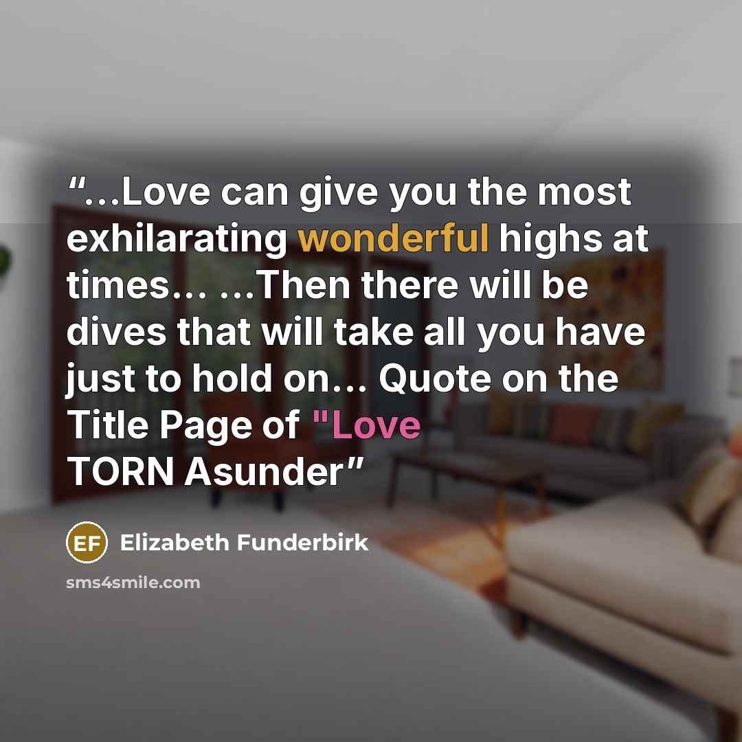 “...Love can give you the most exhilarating wonderful highs at times... ...Then there will be dives that will take all you have just to hold on... Quote on the Title Page of "Love TORN Asunder” quote by Elizabeth Funderbirk