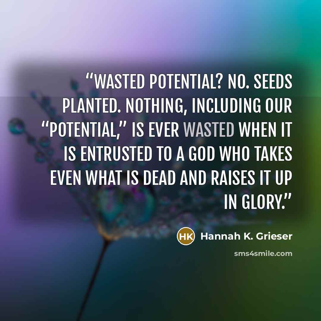 “Wasted potential? No. Seeds planted. Nothing, including our “potential,” is ever wasted when it is entrusted to a God who takes even what is dead and raises it up in glory.” quote by Hannah K. Grieser