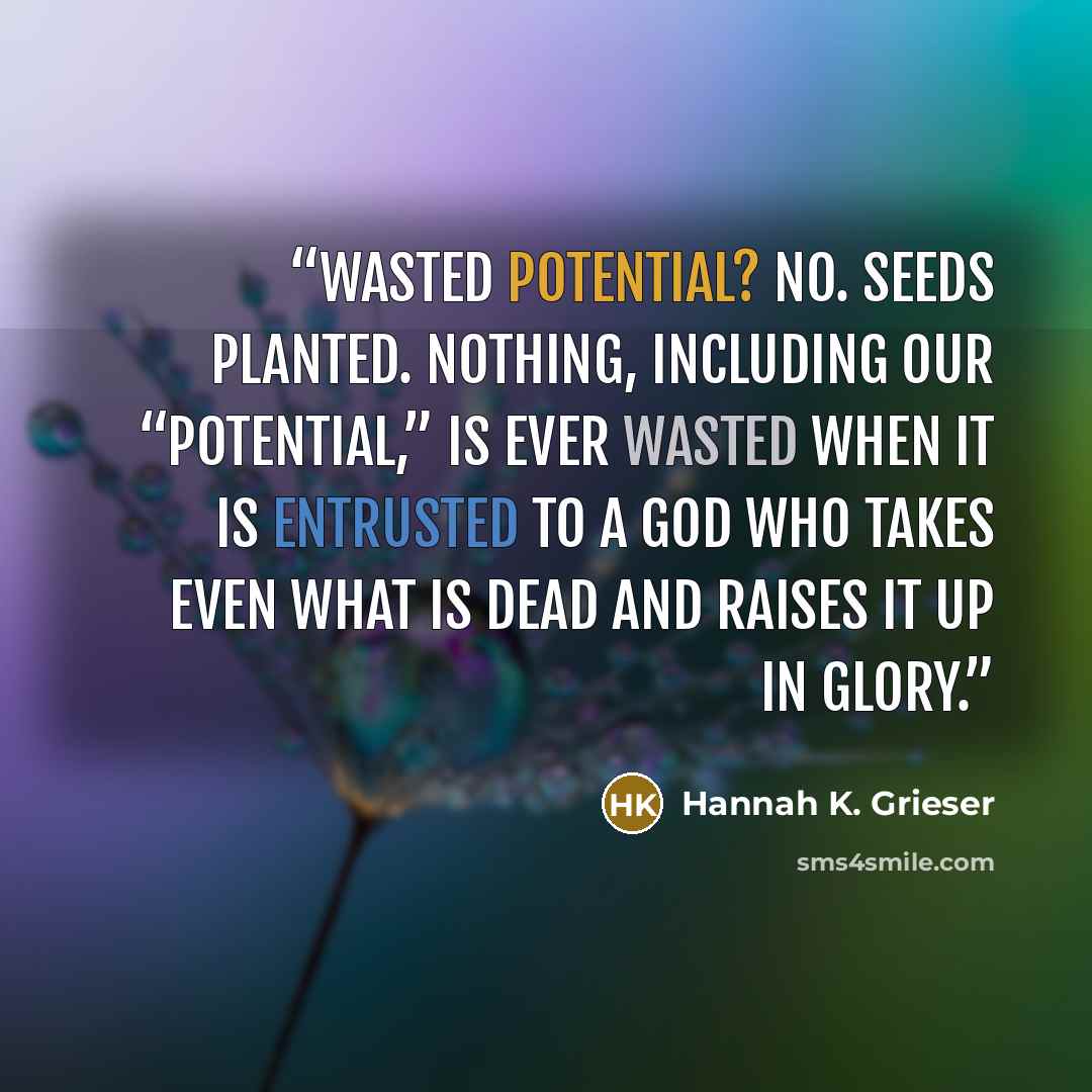 “Wasted potential? No. Seeds planted. Nothing, including our “potential,” is ever wasted when it is entrusted to a God who takes even what is dead and raises it up in glory.” quote by Hannah K. Grieser