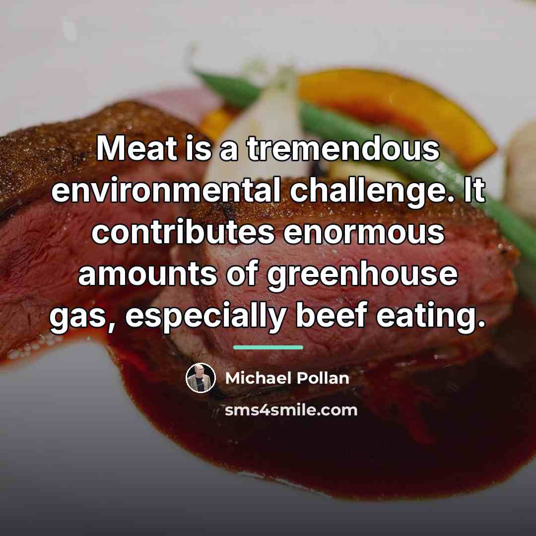 “Meat is a tremendous environmental challenge. It contributes enormous amounts…” quote by Michael Pollan