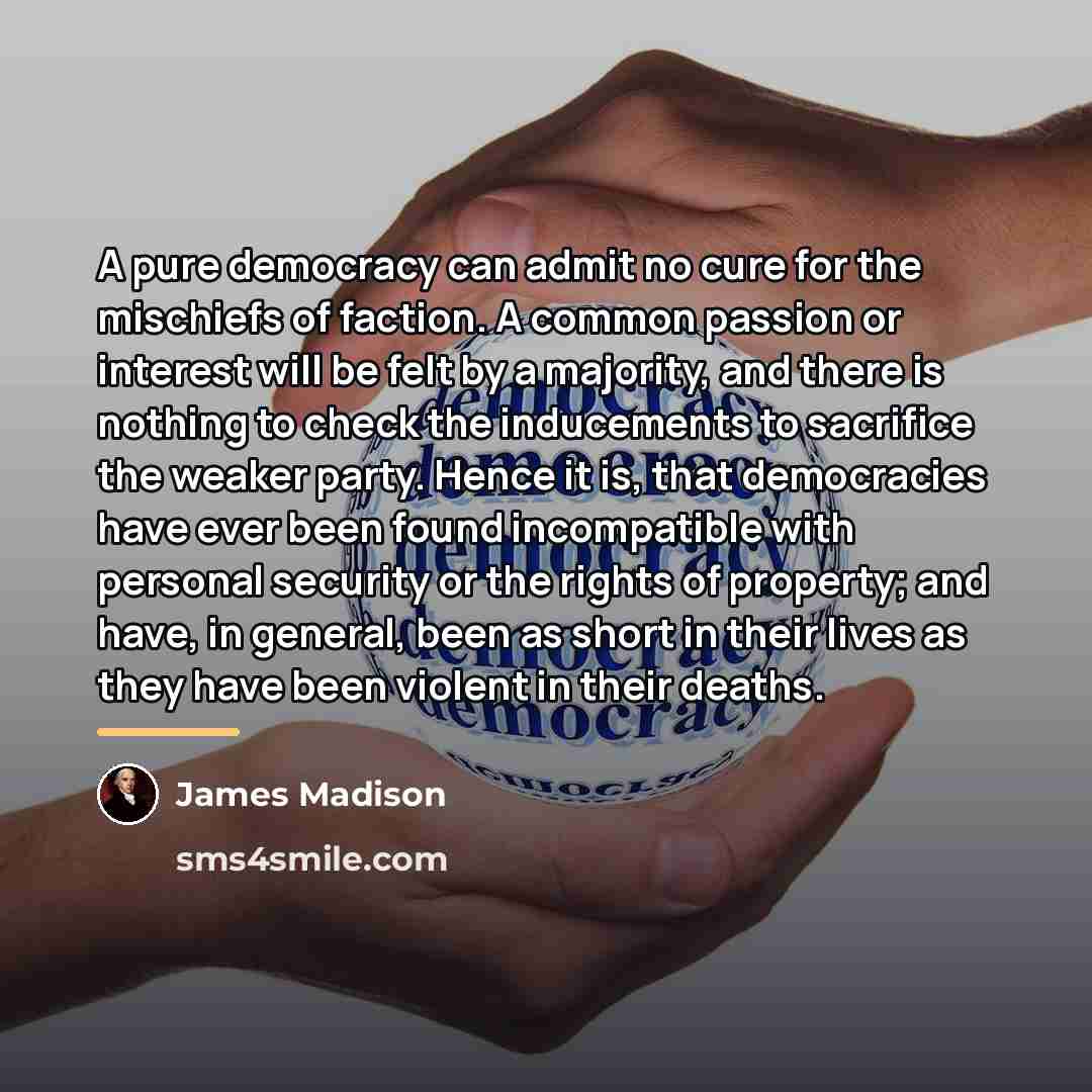 “A pure democracy can admit no cure for the mischiefs…” quote by James Madison