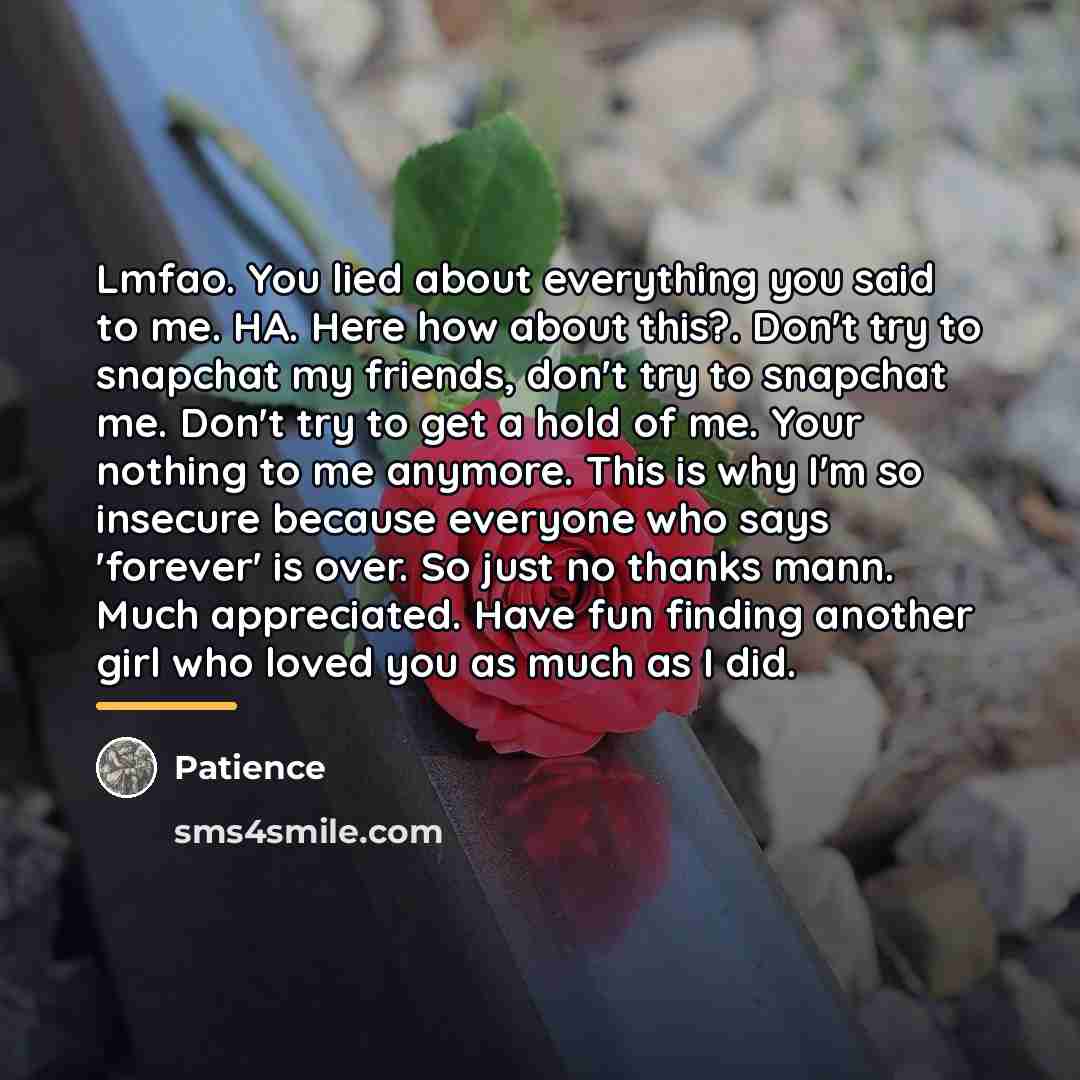 “Lmfao. You lied about everything you said to me. HA.…” quote by Patience