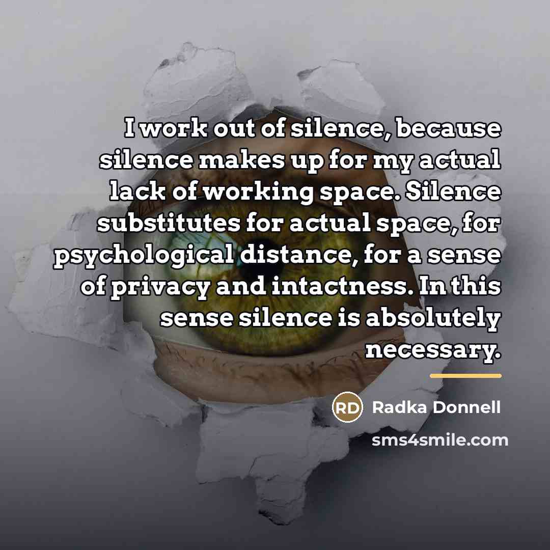 “I work out of silence, because silence makes up for…” quote by Radka Donnell