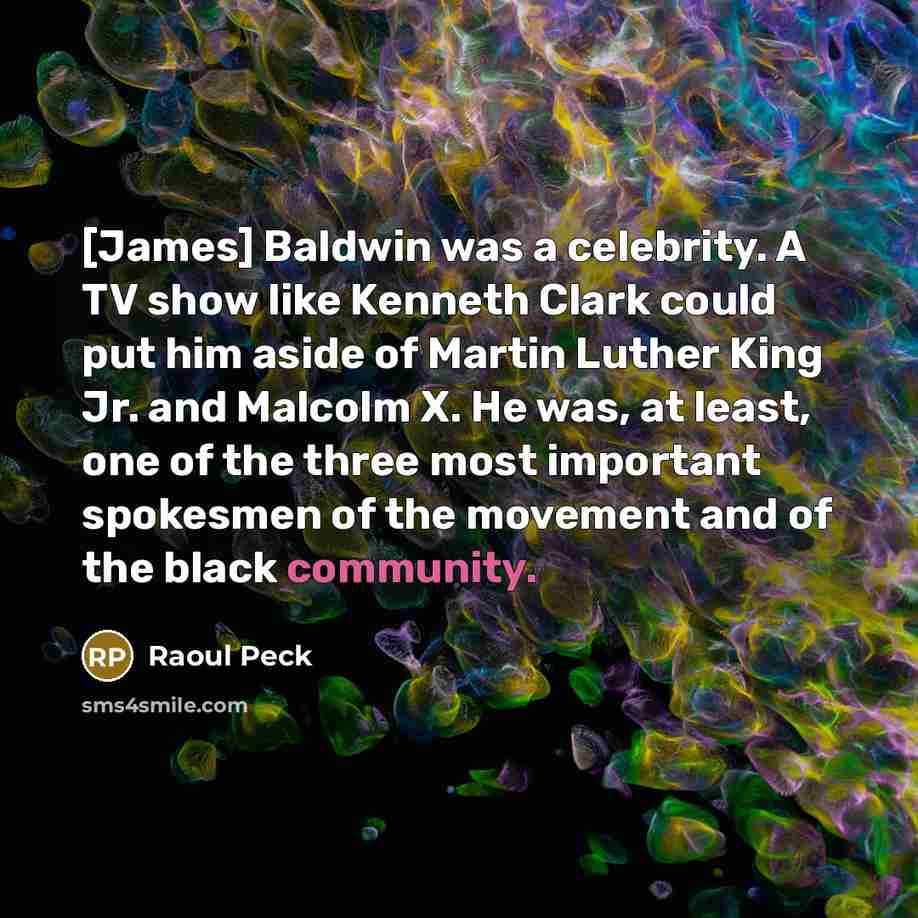 “[James] Baldwin was a celebrity. A TV show like Kenneth Clark could put him aside of Martin Luther King Jr. and Malcolm X. He was, at least, one of the three most important spokesmen of the movement and of the black community.” quote by Raoul Peck