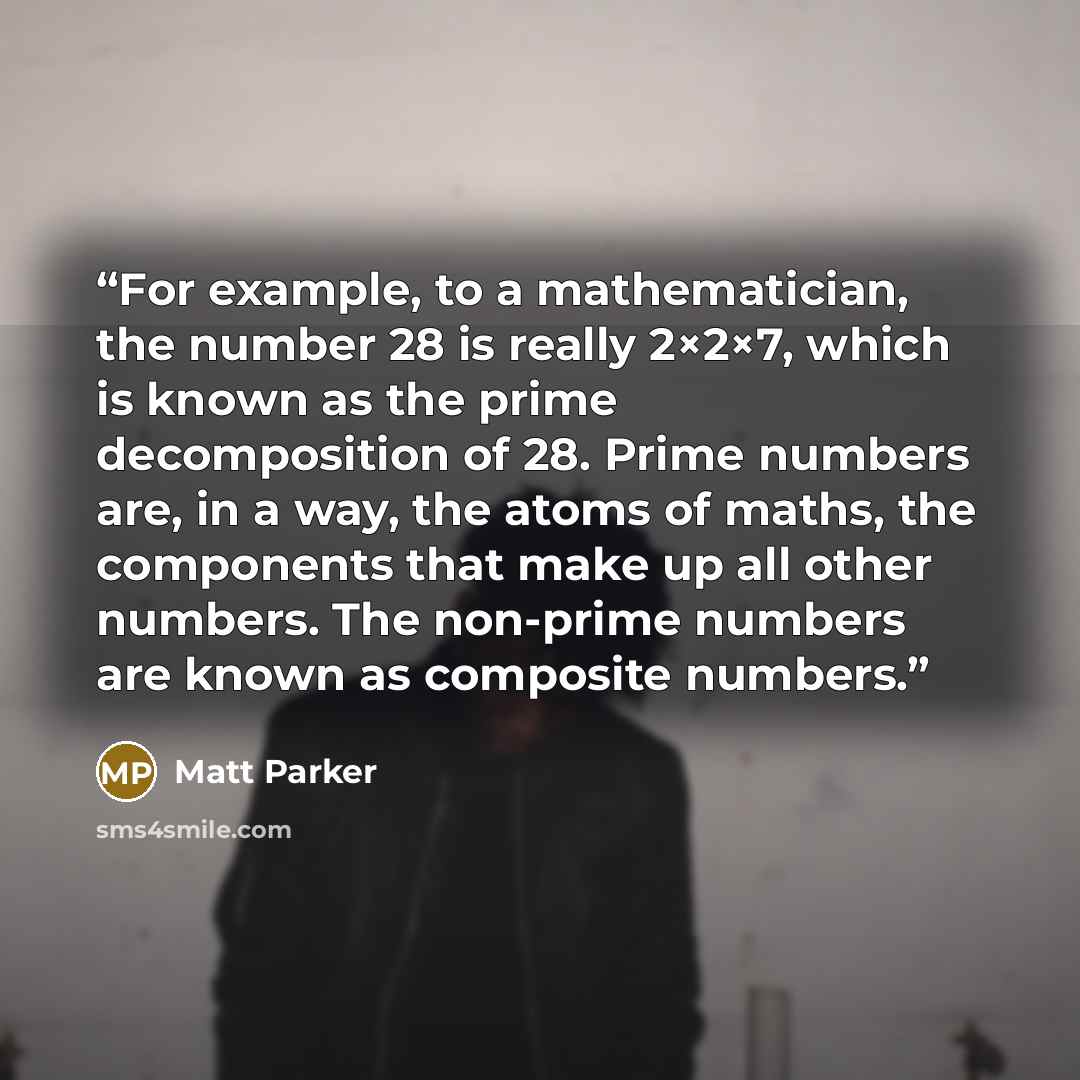 “For example, to a mathematician, the number 28 is really 2×2×7, which is known as the prime decomposition of 28. Prime numbers are, in a way, the atoms of maths, the components that make up all other numbers. The non-prime numbers are known as composite numbers.” quote by Matt Parker